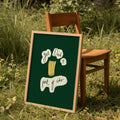 Framed sign with a graphic and text on a grassy background