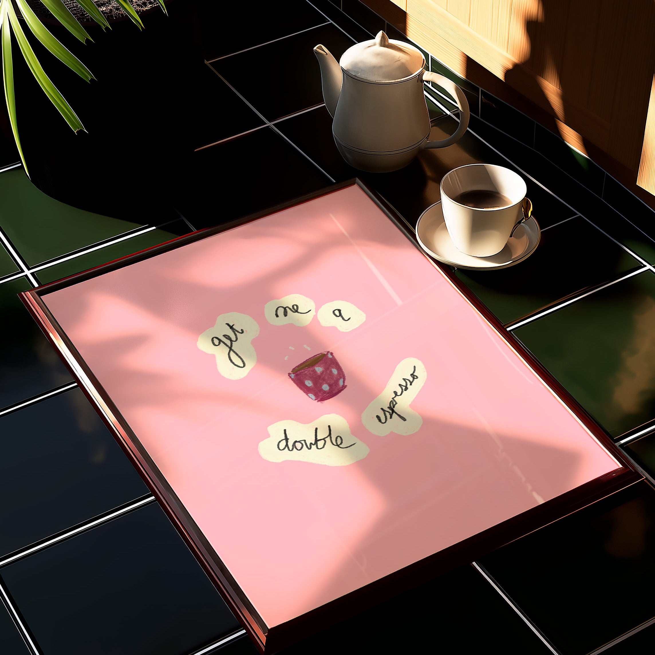 Pink tray with text on a black tiled surface with a teapot and cup.
