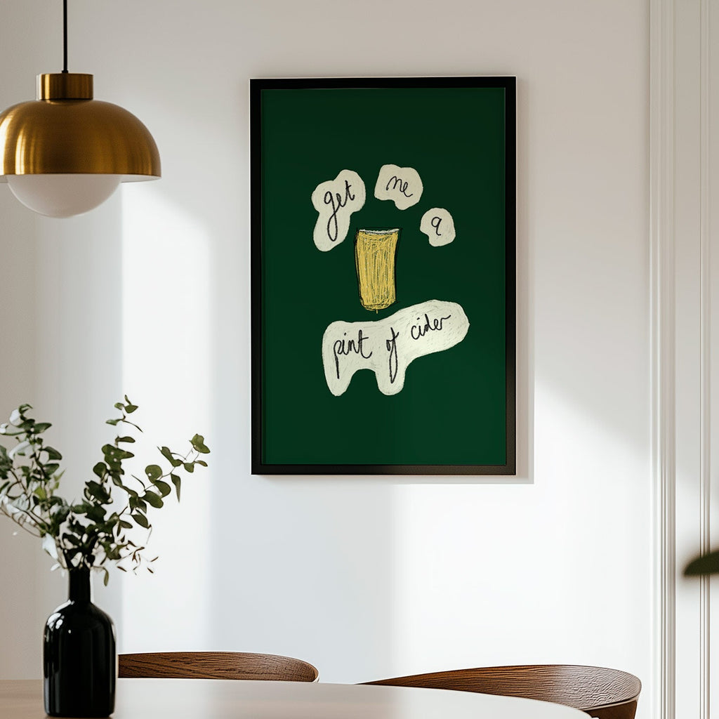 Framed artwork on a wall above a dining table with chairs.