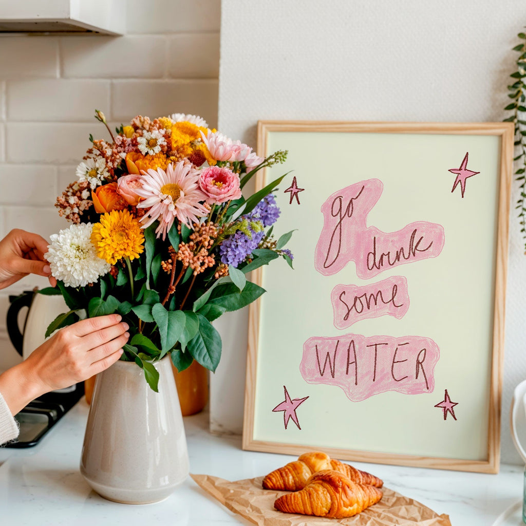 Person arranging flowers in a kitchen with a 'Drink Some Water' sign on the wall.