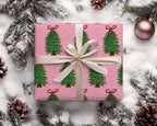 Pink Christmas Tree Red Bow Whimsical Christmas Wrapping Paper