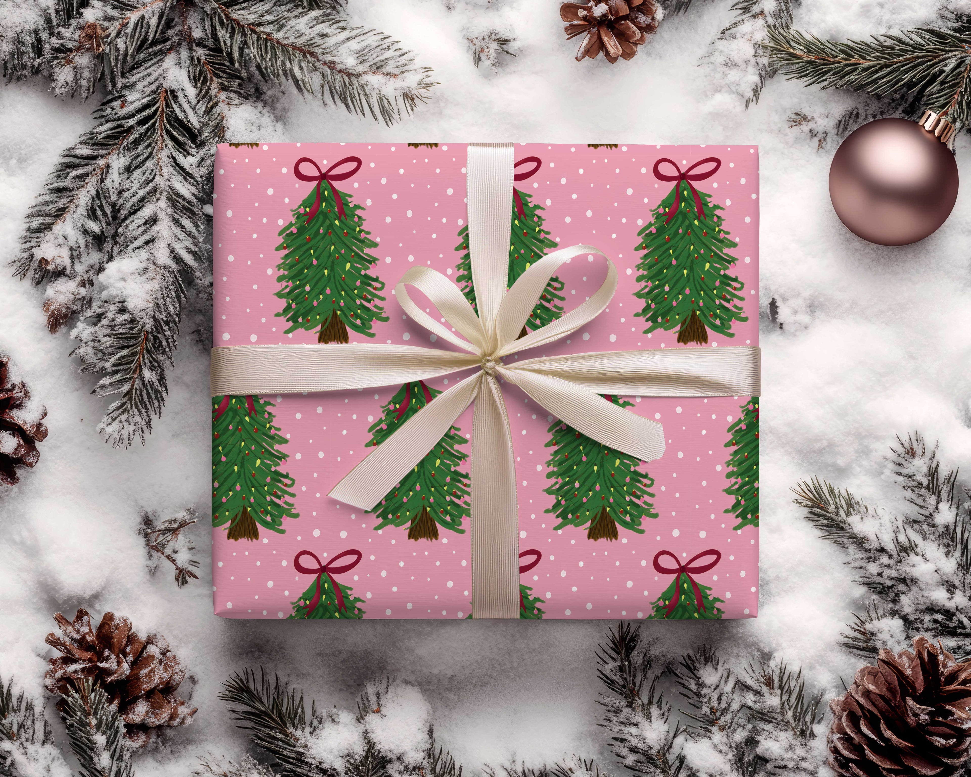 Pink Christmas Tree Red Bow Whimsical Christmas Wrapping Paper