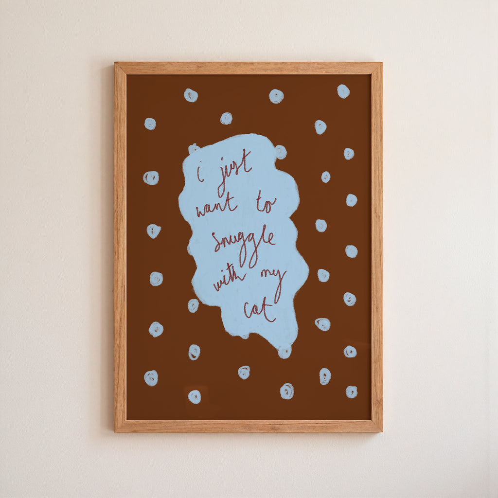I Just Want to Snuggle with my Cat Art Print - Blue and Deep Purple