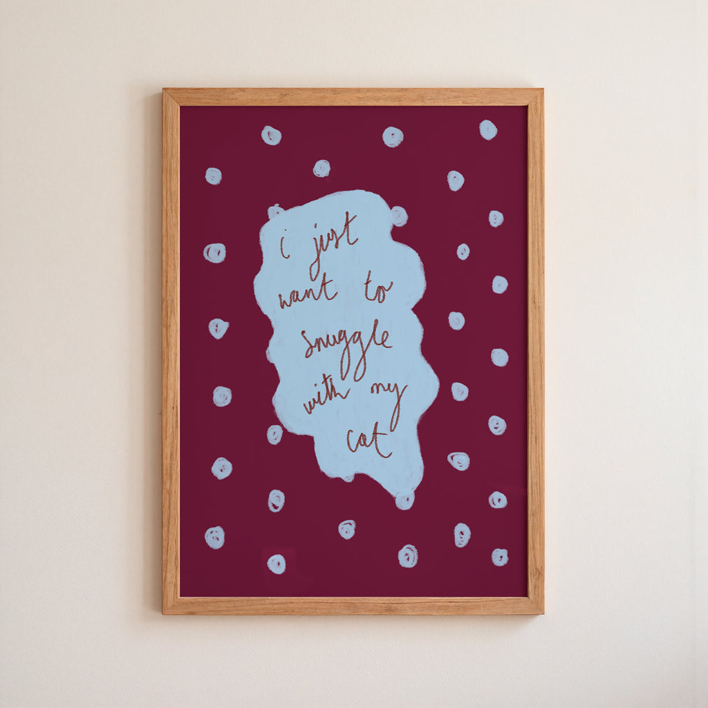 I Just Want to Snuggle with my Cat Art Print - Blue and Deep Purple