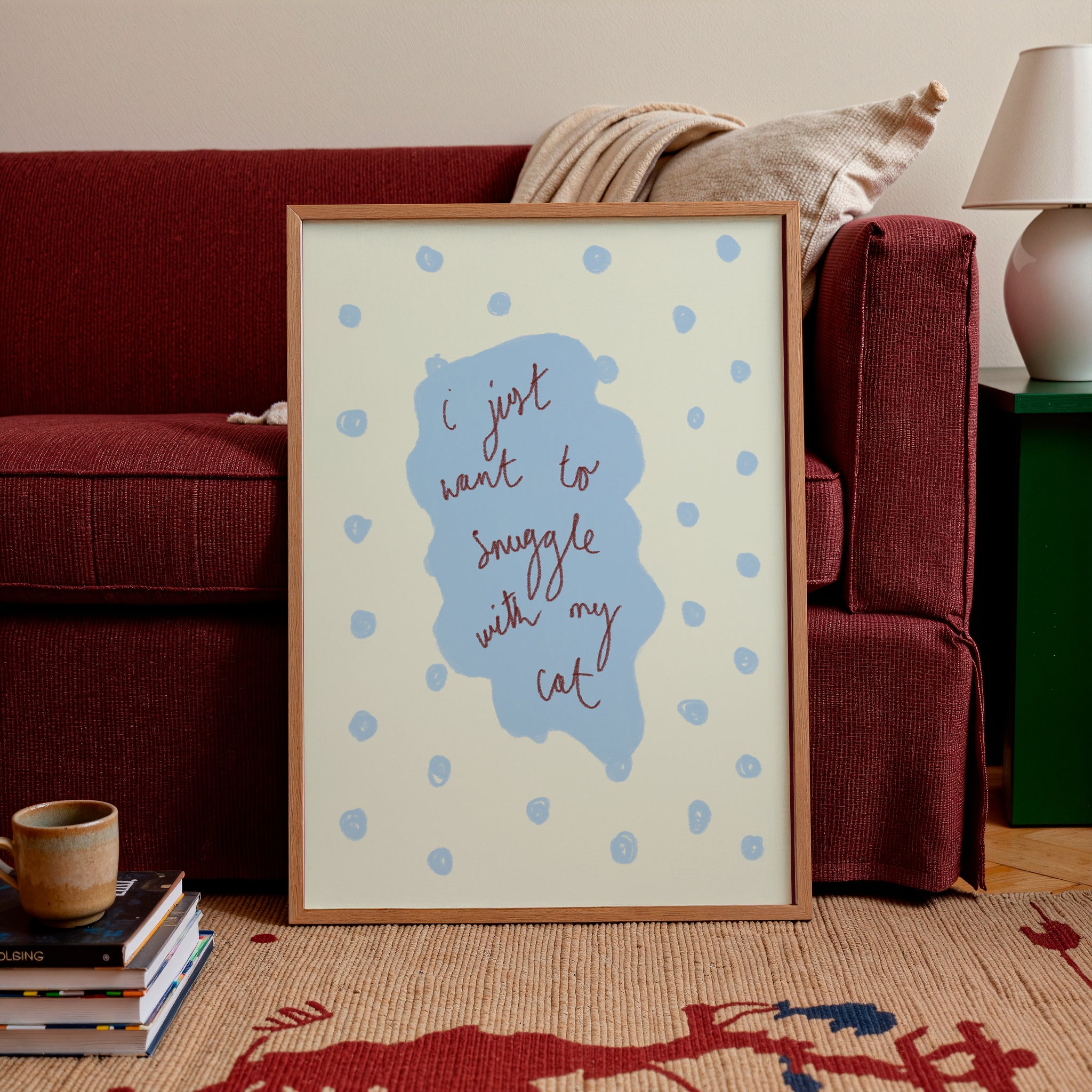 I Just Want to Snuggle with my Cat Art Print - Cream and Blue