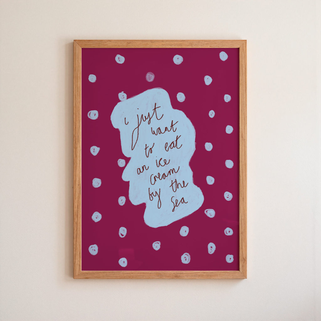 I Just Want to Eat an Ice Cream by the Sea Art Print - Brown and Blue