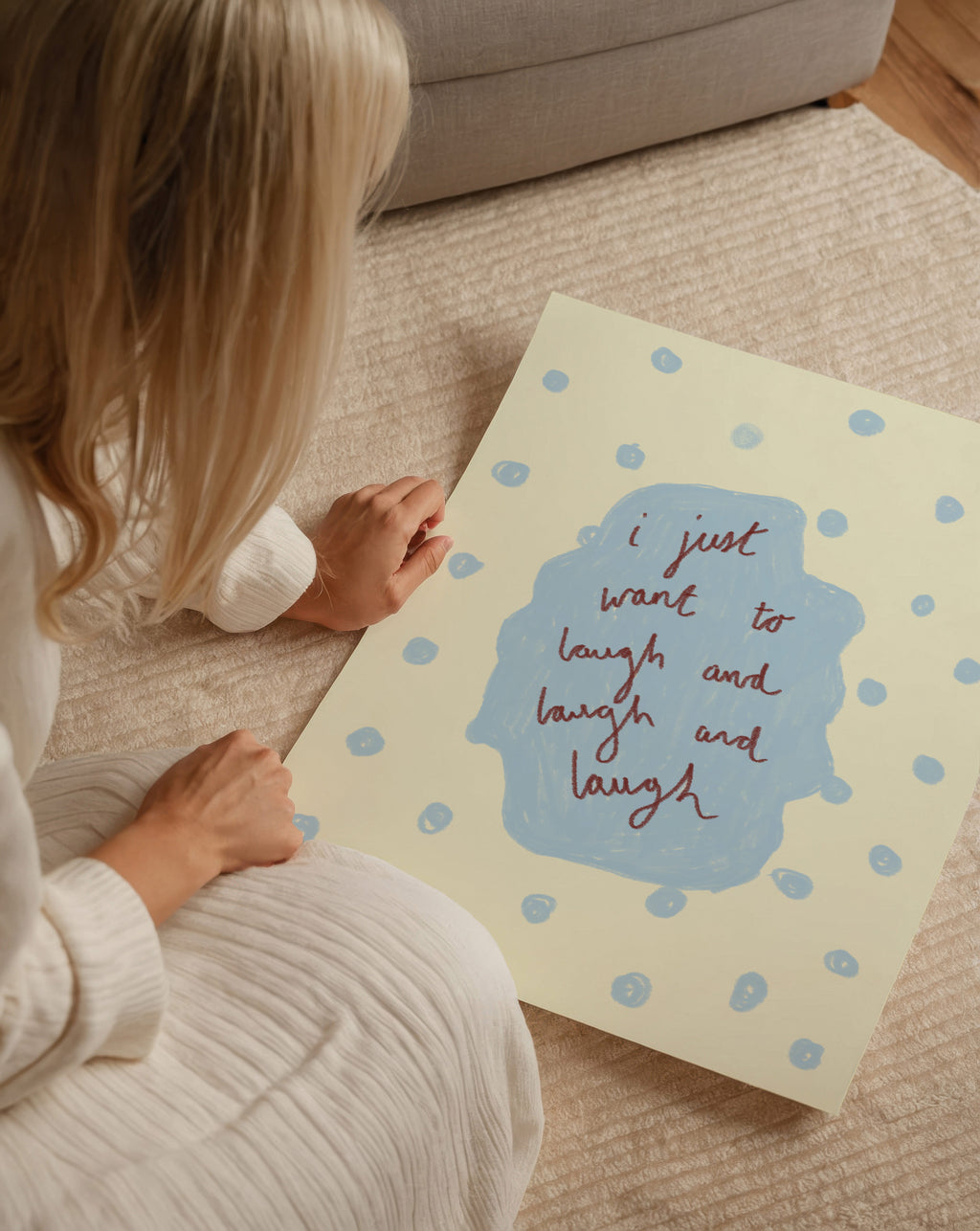 I Just Want to Laugh Art Print - Cream and Blue