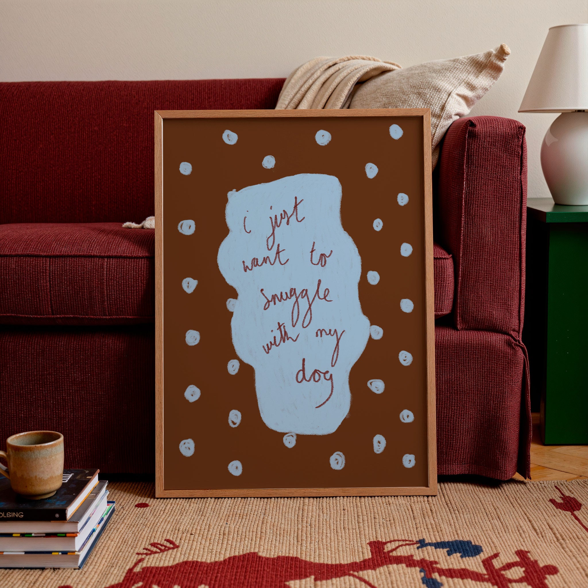 I Just Want to Snuggle with my Dog Art Print - Brown and Blue