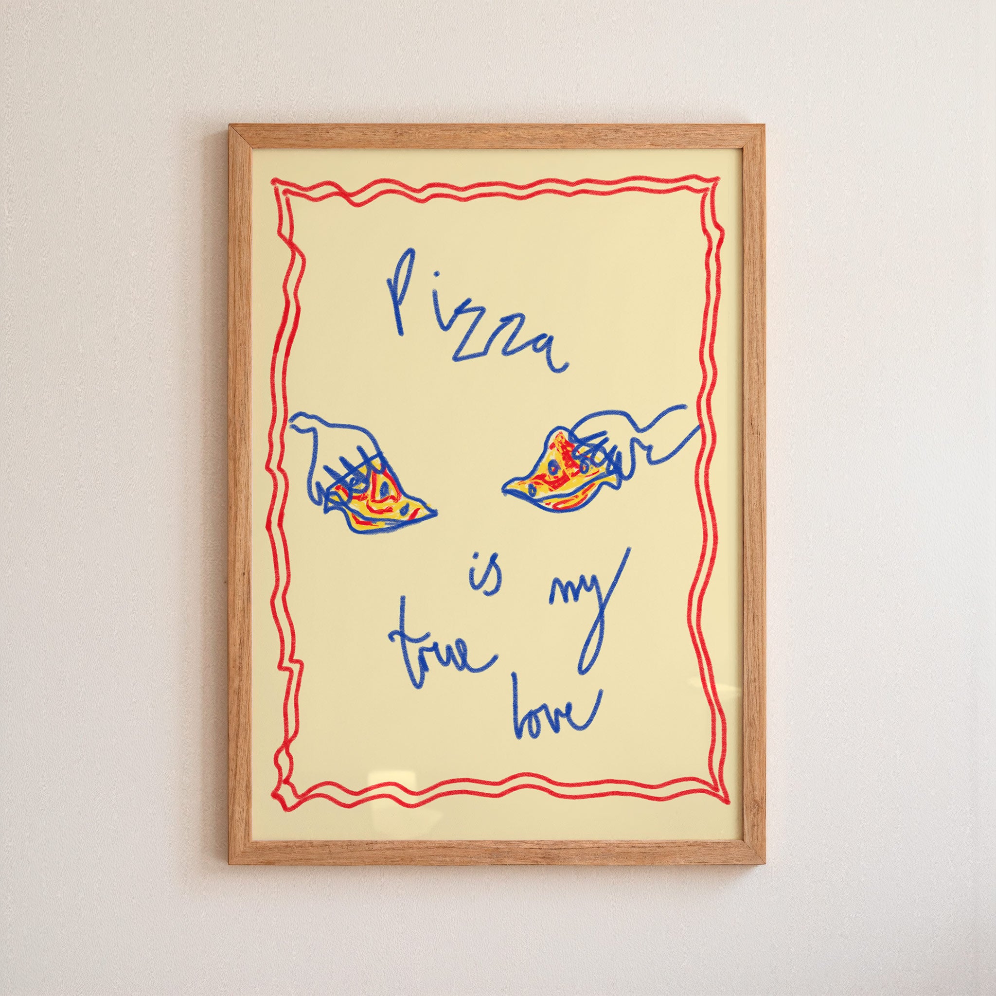 Framed artwork with a drawing of a pizza and text on a beige background