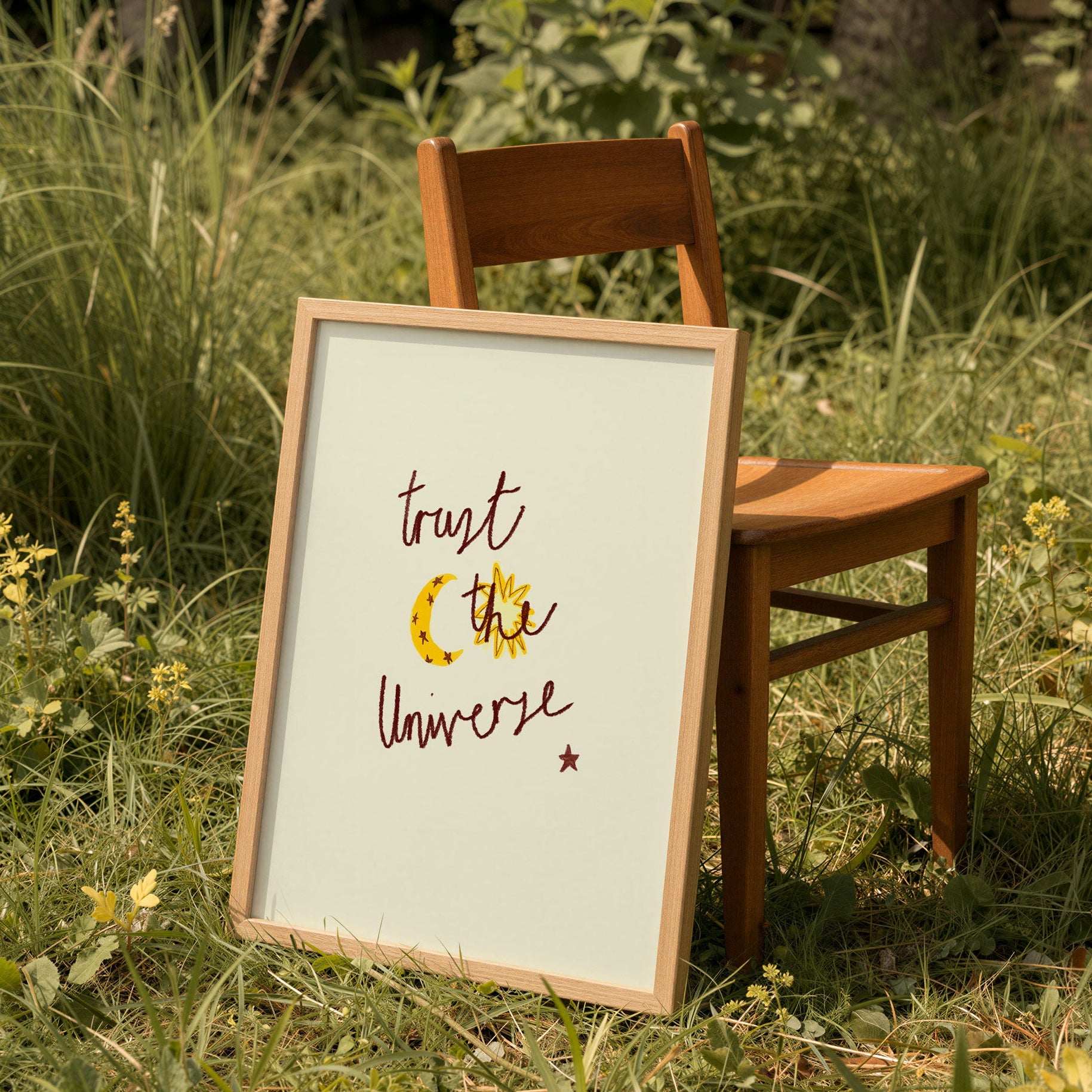 Framed artwork with 'Trust the Universe' quote on a wooden chair in a grassy outdoor setting