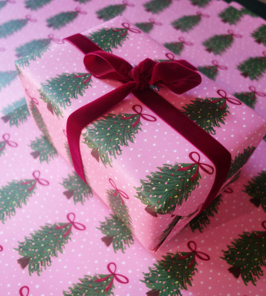 Pink Christmas Tree Red Bow Whimsical Christmas Wrapping Paper