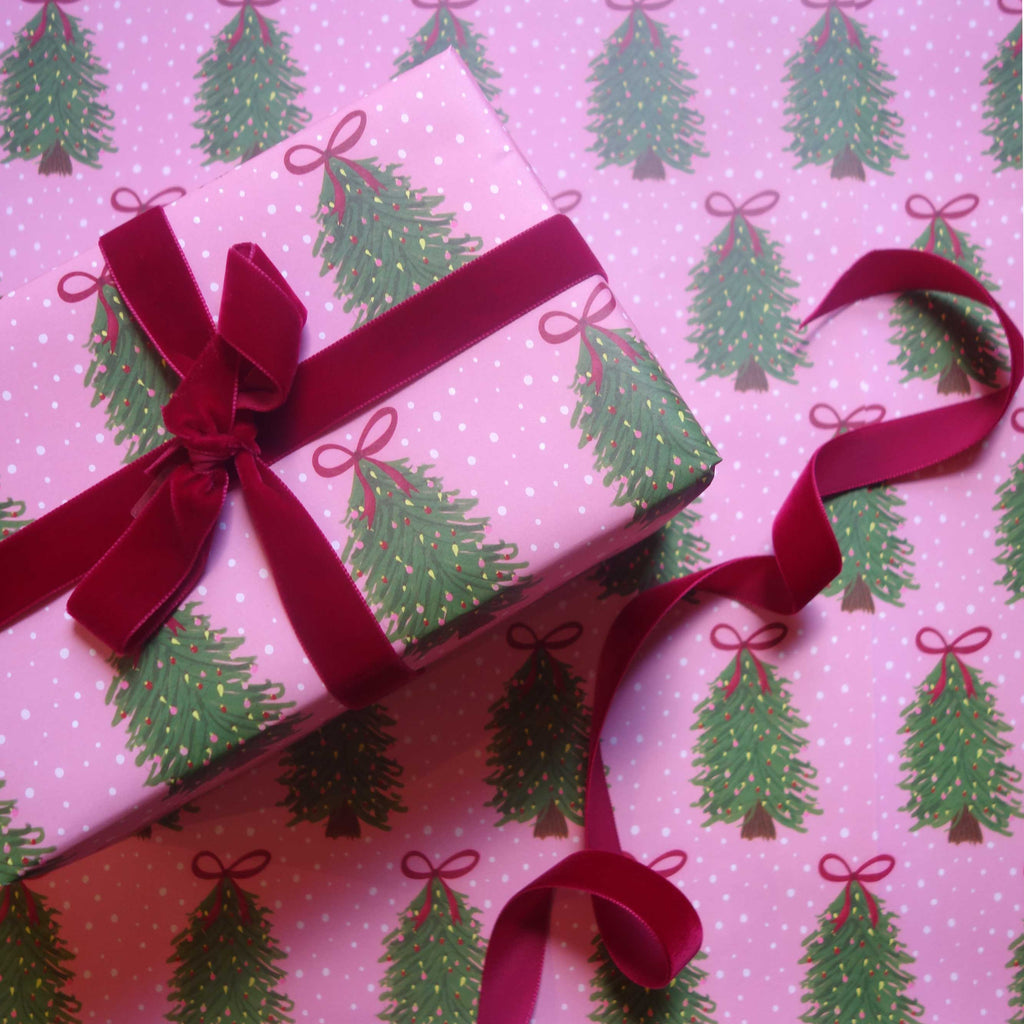 Pink Christmas Tree Red Bow Whimsical Christmas Wrapping Paper