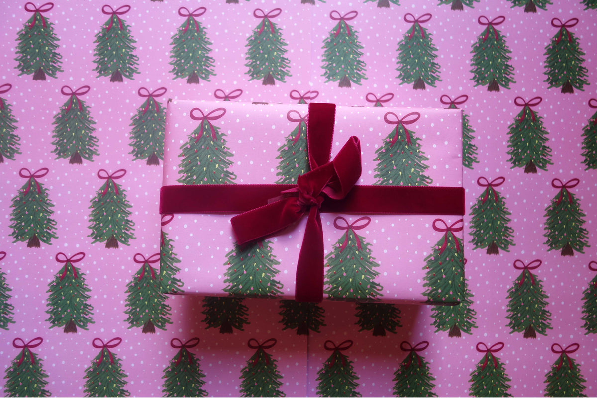 Pink Christmas Tree Red Bow Whimsical Christmas Wrapping Paper
